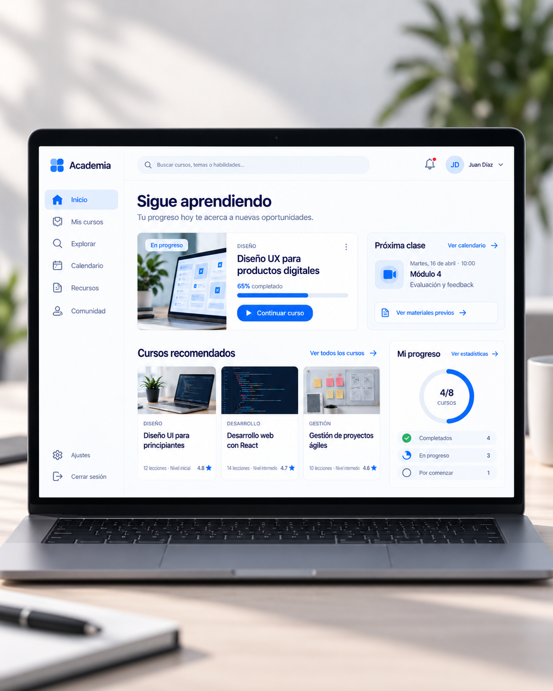 Vista de la plataforma educativa de cursos